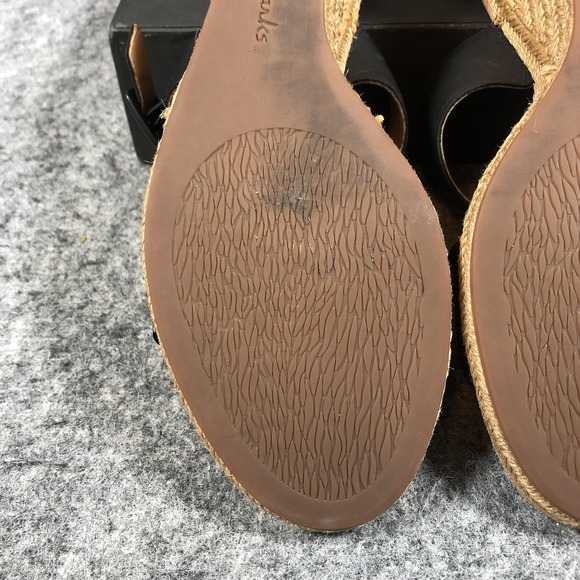 Clarks Sandals Womens 11M Black Leather Espadrille Wedge Buckle Comfort Shoes - Picture 12 of 16